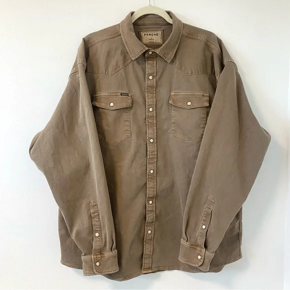 Poncho Cotulla Performance Denim Western Pearl Snap Shirt BrownWorkwear Outdoors - Picture 2 of 13